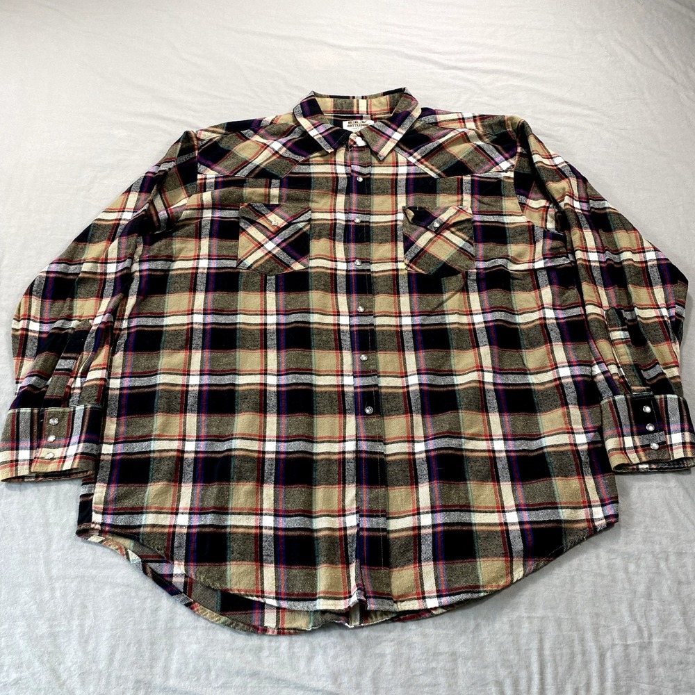 Ely Cattleman Shirt Mens XXL 2XL Black Beige Plaid Pearl Snap Flannel Western